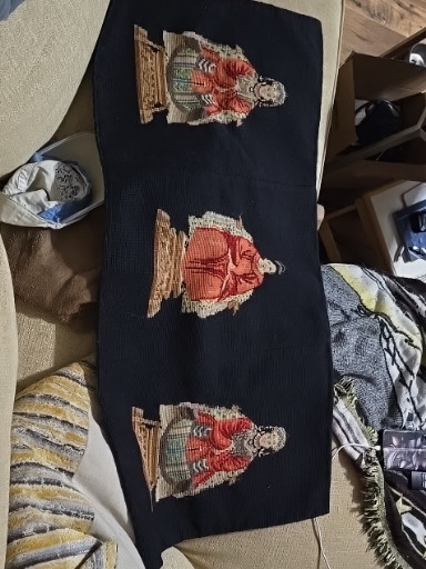Vintage Japanese silk embroidered bed runner or table runner with traditional figures