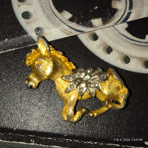 Gold-tone metal donkey brooch with rhinestone decoration