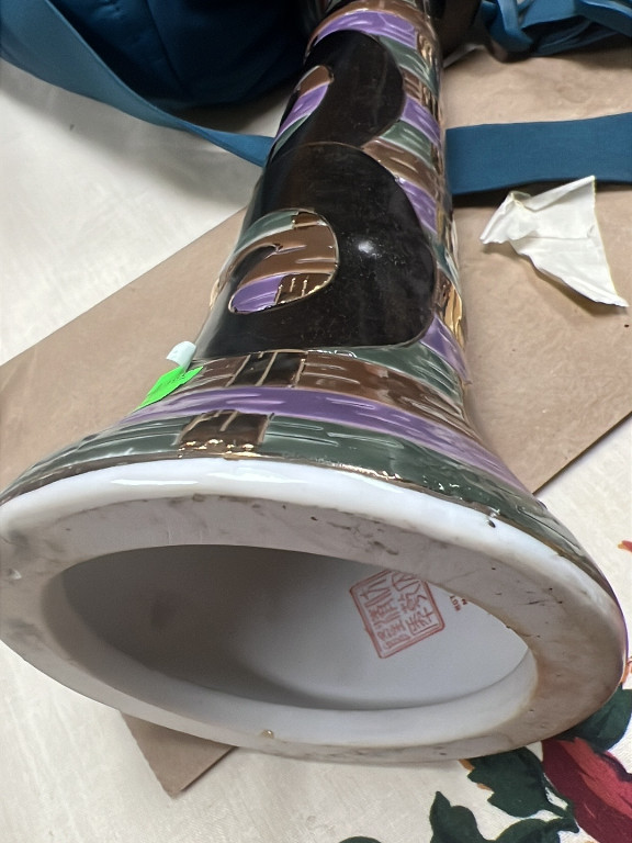 Pair of ceramic candlesticks with hand-painted abstract Art Deco design by Frederick Cooper