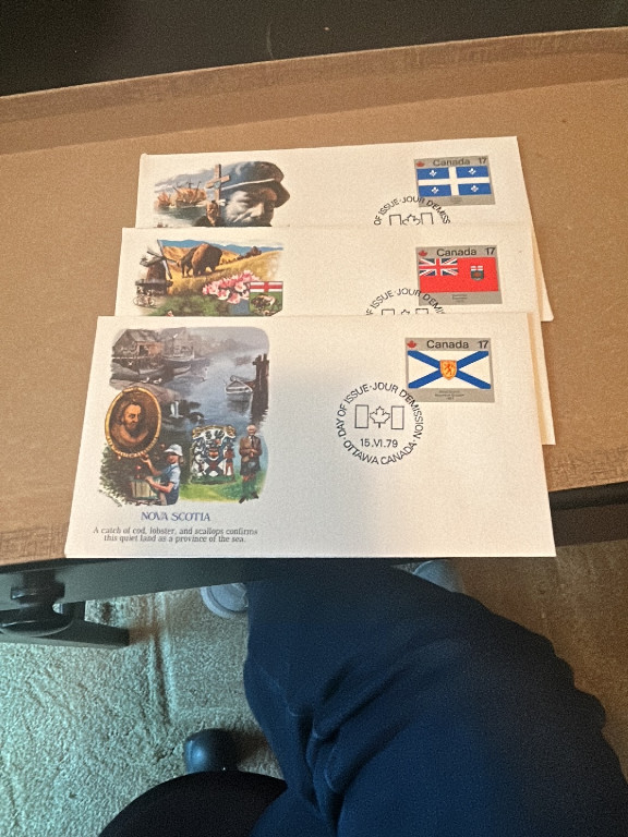 1979 Canadian Provincial Flags First Day Covers featuring Quebec, Ontario, and Nova Scotia stamps