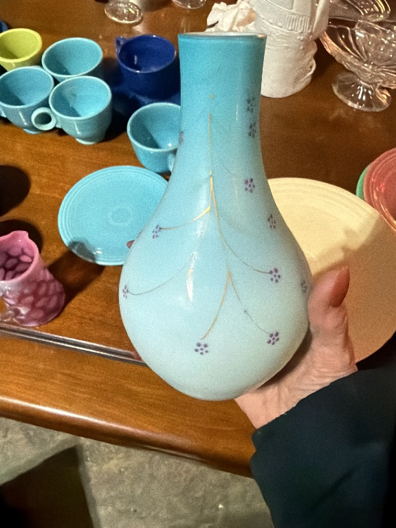 Satin glass vase with hand-painted floral decoration