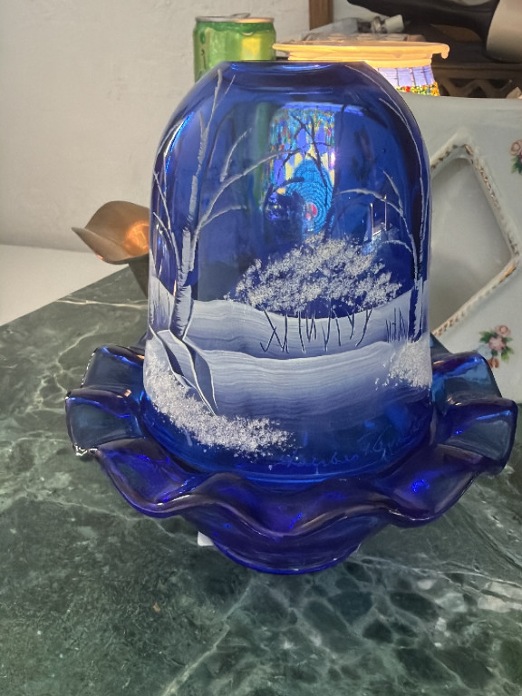 Cobalt blue glass fairy lamp titled 'Winter Wonderland' by Fenton Art Glass