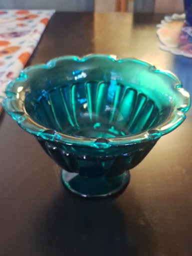 Teal glass footed compote or candy dish