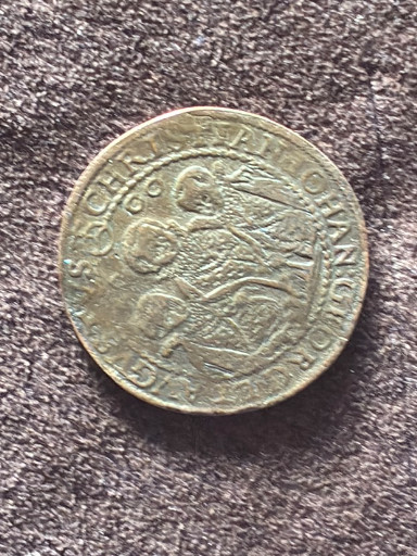 Silver Thaler coin from Saxony-Albertine, Germany, featuring Christian II, Johann Georg I, and August (Three Brothers Thaler)