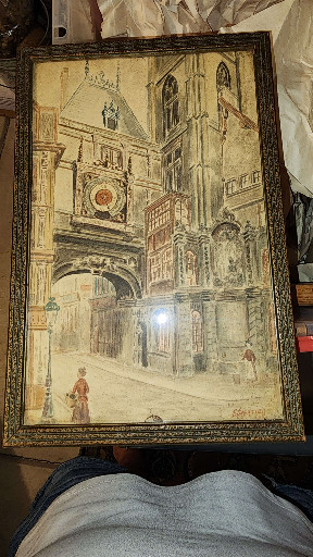 Hand-colored etching titled 'Gros Horloge, Rouen' by Victor Valery