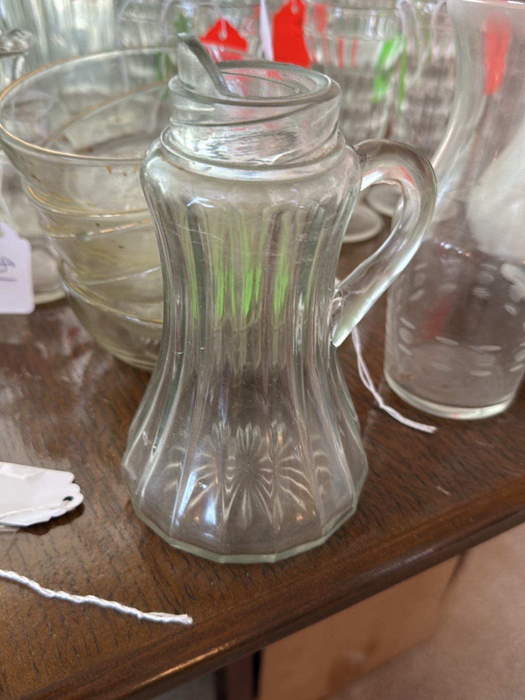 Glass syrup pitcher with metal lid, Depression Era