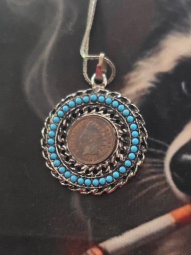 Silver-toned filigree pendant with 1903 Indian Head Penny and turquoise beads