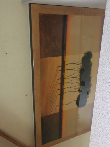 Abstract modernist mixed media artwork with geometric forms and linear elements