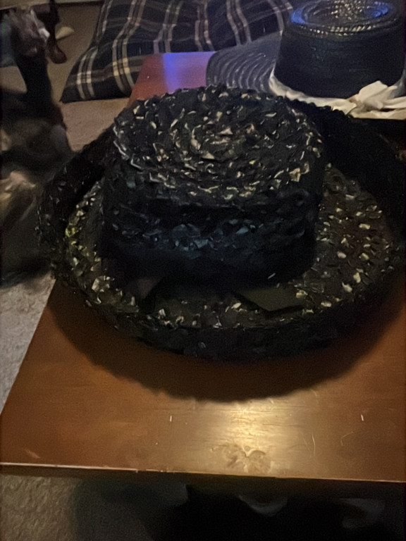 Vintage black straw hat with ribbon band, Union Made