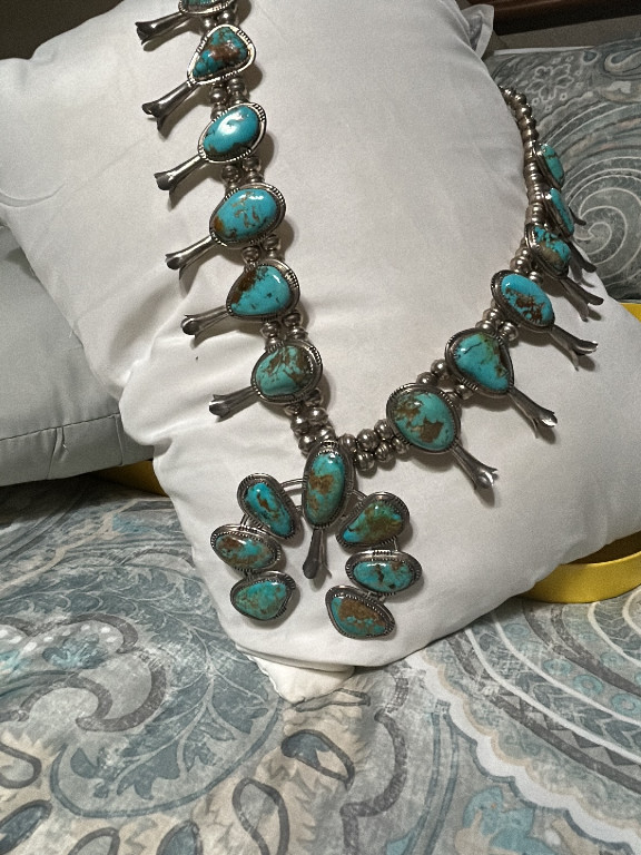 Sterling silver and turquoise Squash Blossom necklace, Navajo craftsmanship