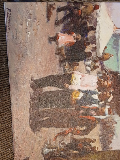 Oil on canvas painting depicting a carousel or fairground scene with figures and horses
