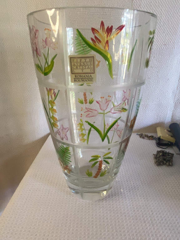 Hand-painted crystal vase with botanical motifs by Fifth Avenue Studio Ltd., Romania