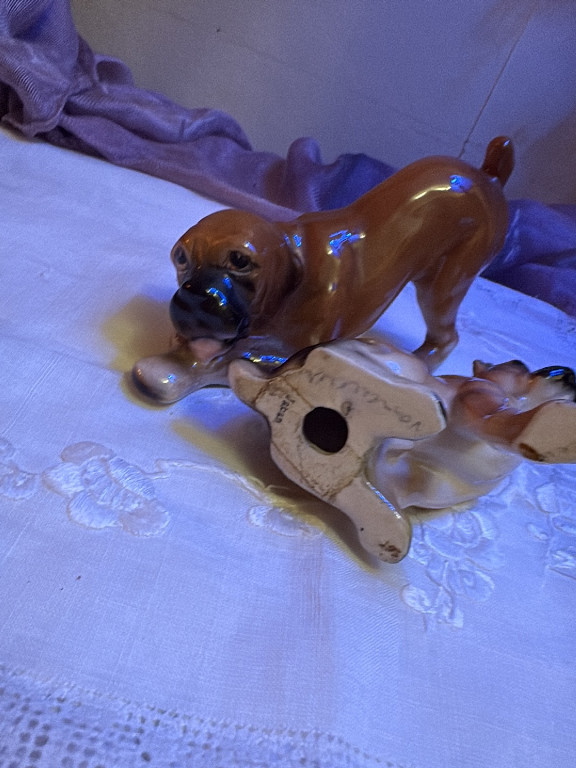 Ceramic figurine of a Boxer dog with puppy by Morten's Studio