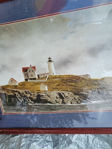 Framed reproduction print titled 'Nubble Light' by Doug Brega