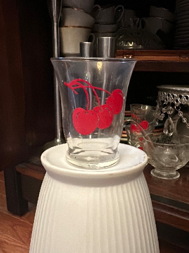Vintage glass juice tumbler with red cherry motif by Libbey