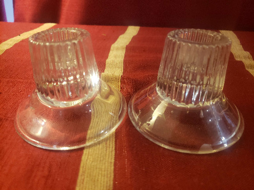 Pair of vintage clear glass ribbed reversible candlestick holders
