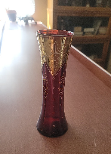 Cranberry glass vase with gold enamel decoration in Moser style