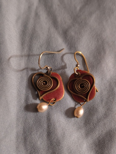 Handmade copper and brass wire-wrapped heart earrings with freshwater pearl drops