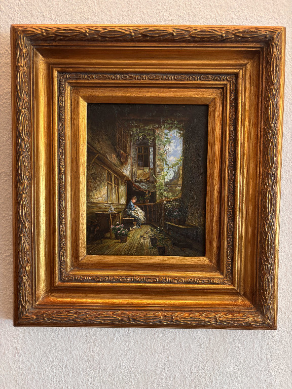 Ölgemälde auf Holztafel mit dem Titel 'Mittelalterliche Innenszene mit Frau' von Oscar Schmitt