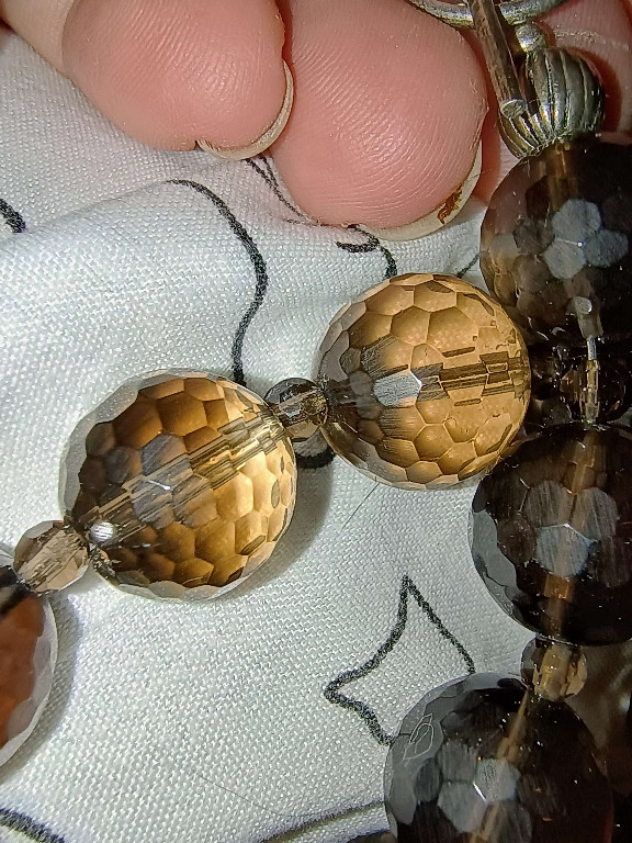 Faceted smoky quartz and amber crystal beaded necklace with silver findings