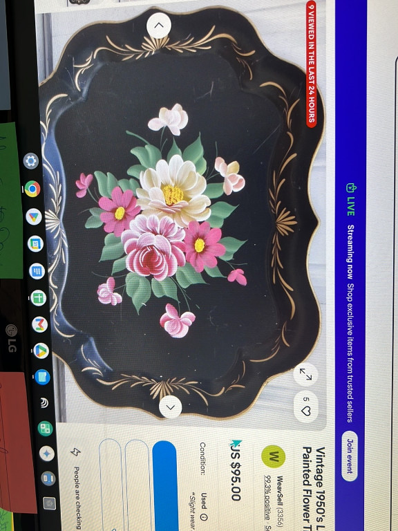 Hand-painted toleware tray with floral design