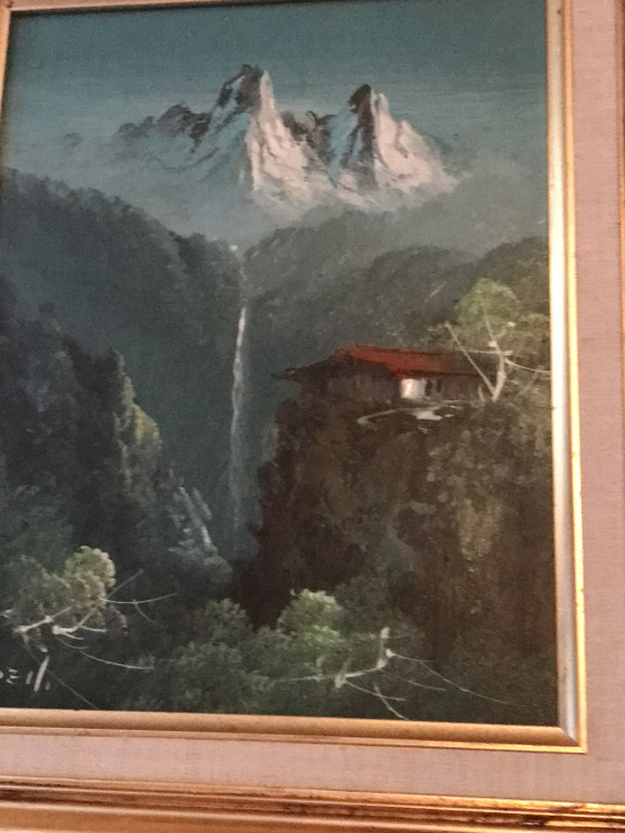 Oil painting depicting an Alpine mountain landscape with a chalet perched on a rocky outcrop