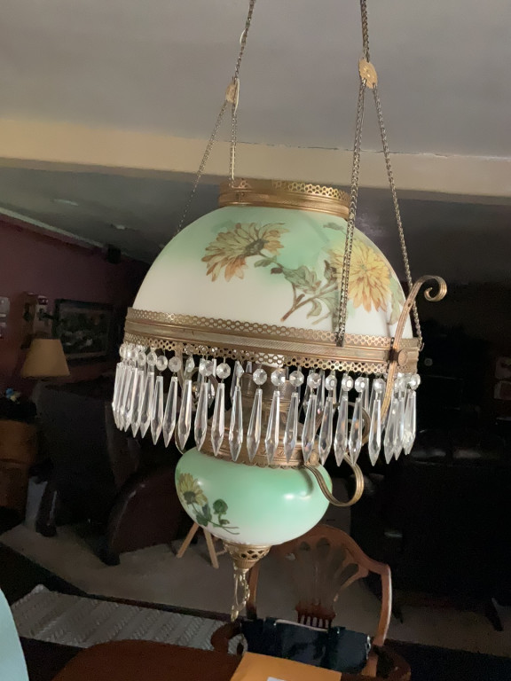 Hand-painted glass hanging parlor lamp with floral design and crystal prisms