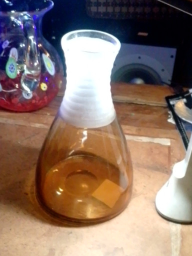 Hand-blown amber glass carafe with frosted neck