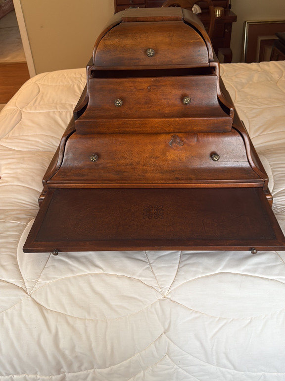 Mahogany tiered desk organizer or butler's desk with roll-top compartment