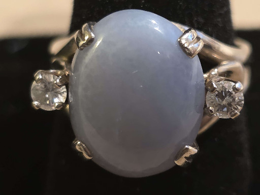 14k white gold ring with lavender jade cabochon and two 3mm SI-2 H color diamonds