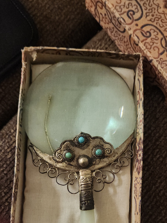 Jade and silver filigree magnifying glass with turquoise cabochons