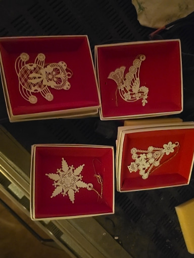 Set of four white metal lace Christmas ornaments by Tamerlane Winterlace collection