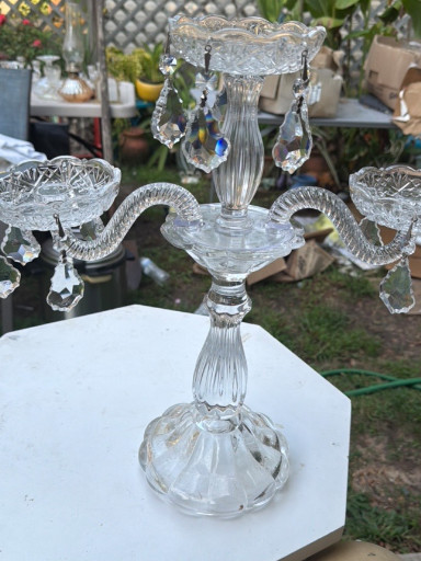 Crystal glass candelabra with hanging prisms