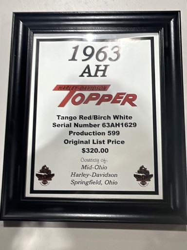 Framed certificate of authenticity for a 1963 Harley-Davidson AH Topper scooter