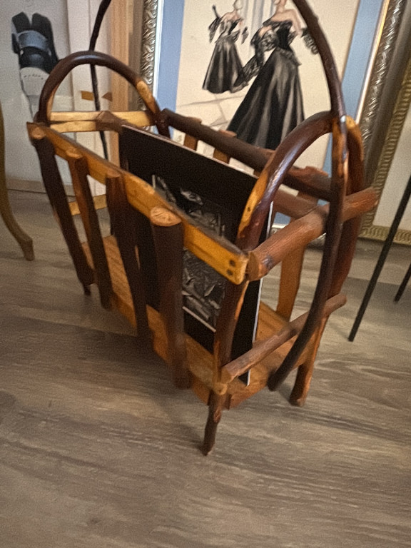 Bentwood magazine rack with rustic wood shelves