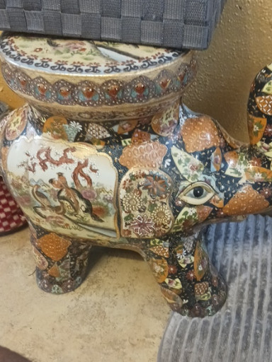 Ceramic elephant garden seat or plant stand in Japanese Satsuma style