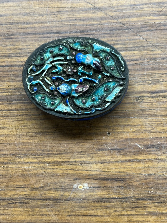 Silver enamel box with bat and floral motif, Chinese export