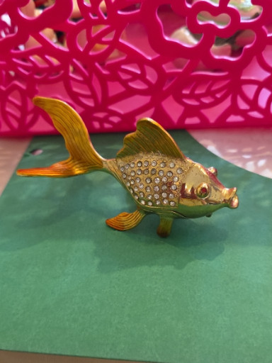 Enameled metal fish trinket box with rhinestone embellishments