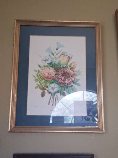 Framed floral bouquet print, likely after Jean-Louis Prévost botanical illustration