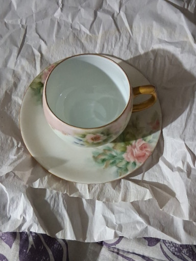 Hand-painted porcelain teacup and saucer with floral decoration
