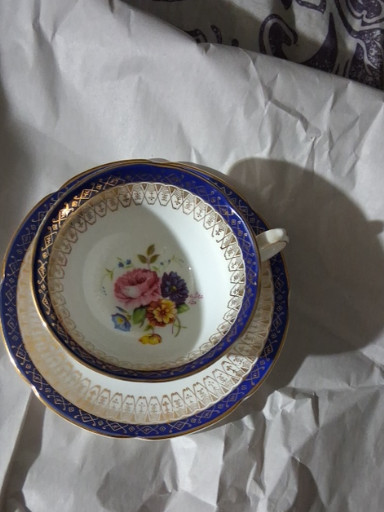 Fine bone china teacup and saucer with cobalt blue borders and floral decoration by Royal Grafton
