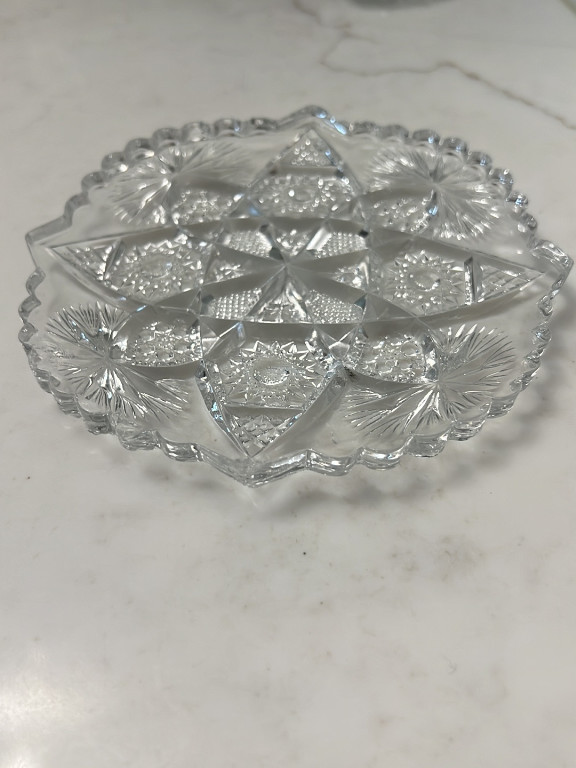 American Brilliant Period cut glass small oval dish with feathered star and fan pattern