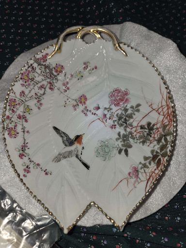 Porcelain fan-shaped trinket dish with hand-painted bird and floral motifs by Jay Fine China, Japan