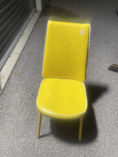 Vinyl upholstered dining chair in yellow, Mid-Century Modern 
This is an aut1950s B.Brody diner chair with monochrome yellow finish and dressed in white piping.
it was given to my grandfather in 1958 by Frank Hoffman when he opened his 1st A&W restaurant in Evansville Indiana. My grandfather William Joseph Harrison and Frank were life long friends. my grandfather was the Chief Engineer at Potter and & Brumfield next door in Princeton Indiana. He told My grandfather he was car hop service only and he didn’t need diner chairs any longer, as this chair came out of his first restaurant that he closed in 1958, a month before they cut the ribbon on his A&W franchise