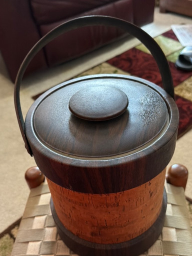 Mid-century modern cork-wrapped ice bucket with faux wood grain vinyl lid and handle