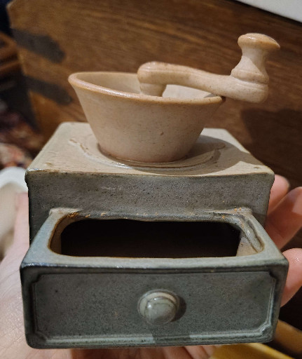 Miniature ceramic and cast iron coffee grinder, maker unknown