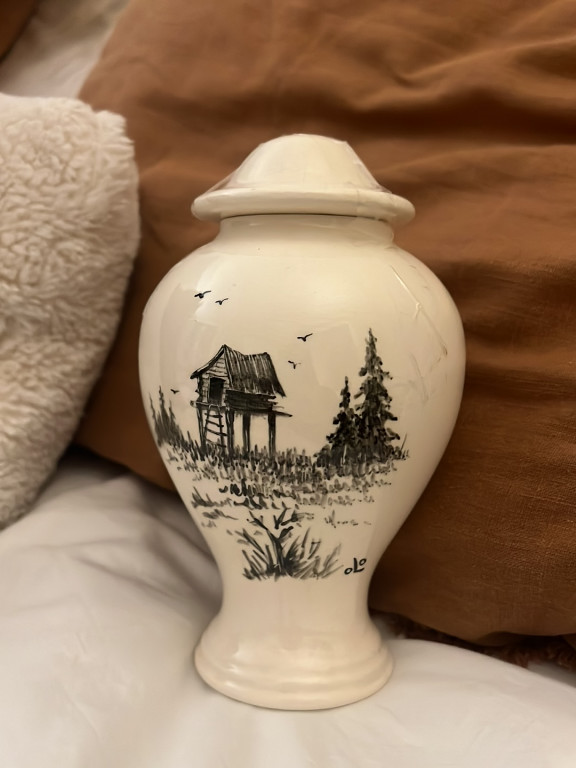 Ceramic jar with hand-painted Alaskan landscape scene by Bering Sea Originals