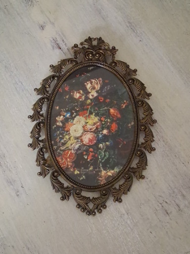 Ornate brass-tone metal frame with floral print, Made in Italy