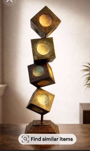Contemporary metal sculpture titled 'Stacked Cubes with Spheres' by unknown maker