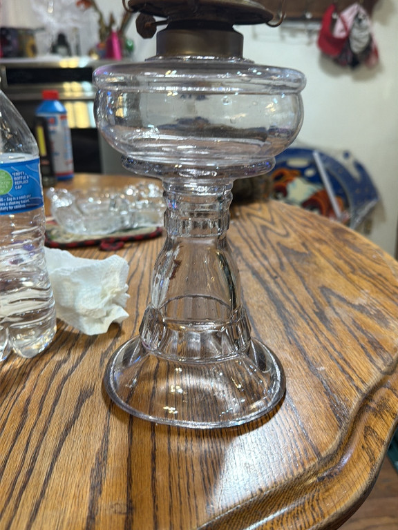 Clear pressed glass pedestal oil lamp font with beaded stem and base